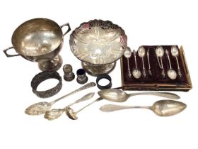 Silver pedestal bon bon dish, two handled silver trophy, set of six silver teaspoons and pair of sug