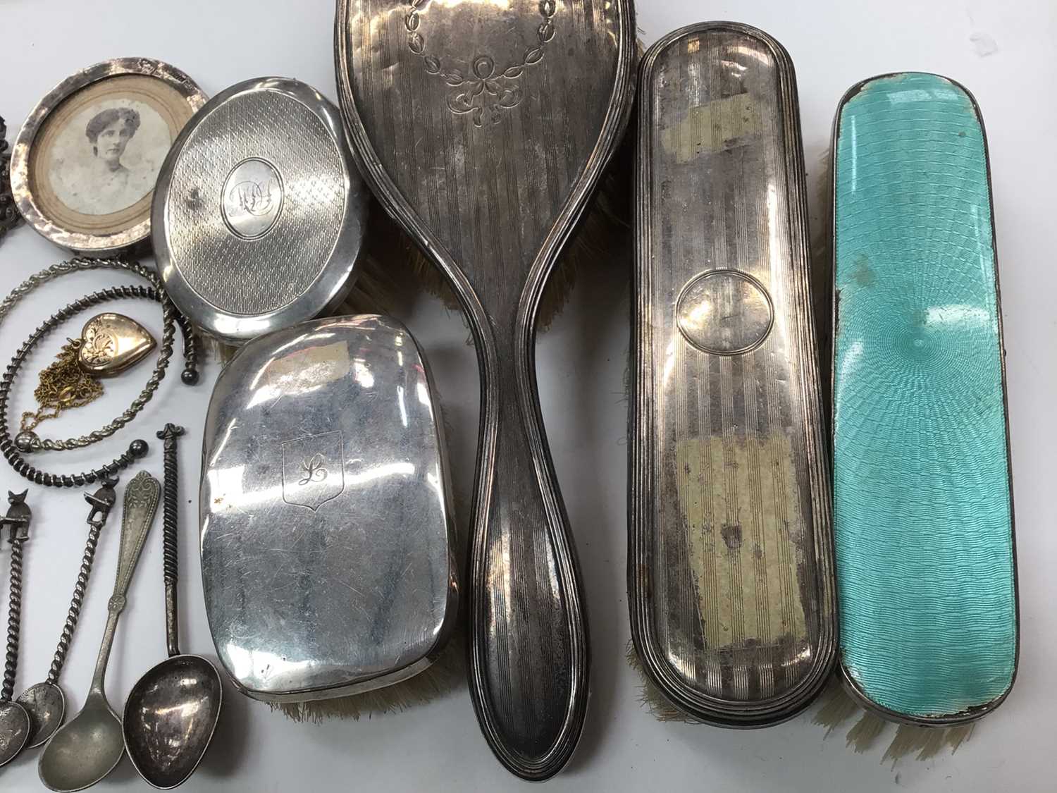 Silver backed dressing table brushes, silver teaspoon in fitted case, other silver and white metal f - Image 3 of 3