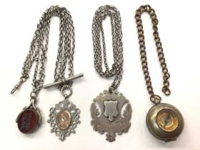 White metal triple row watch chain with two silver fobs, another silver fob on chain and a plated so