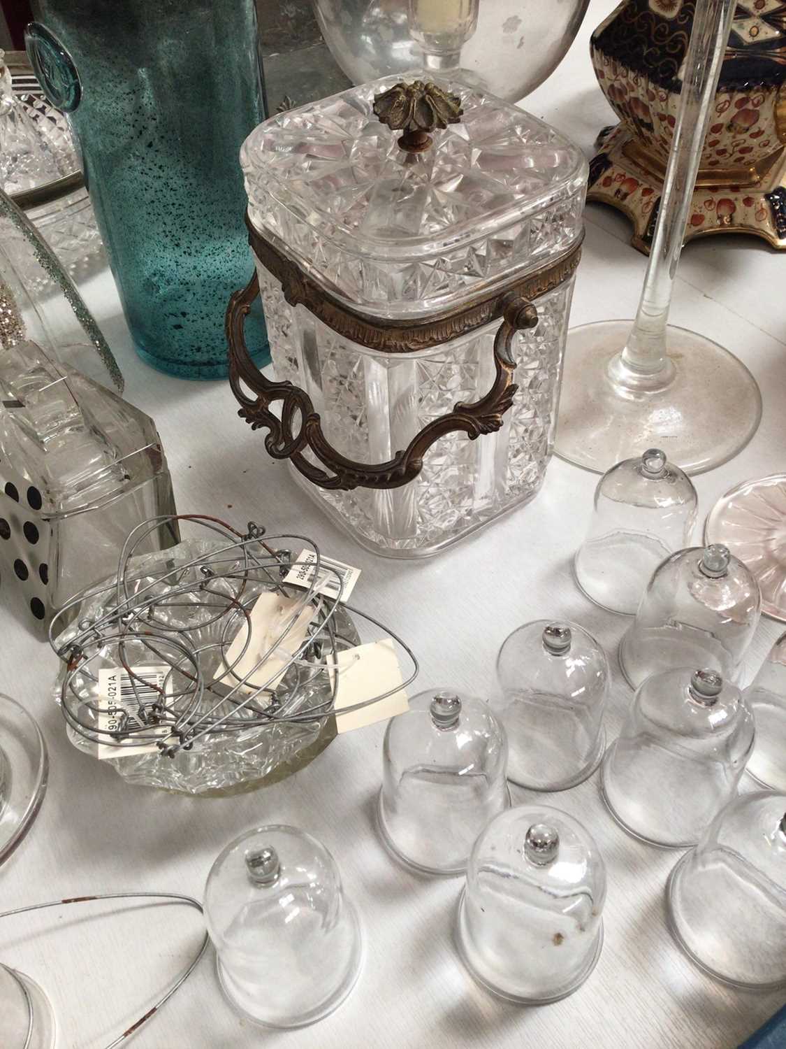 Etched glass storm lantern, other glass candlesticks and holders, blue glass bottle, frosted glass h - Image 3 of 4