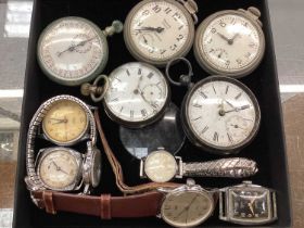 Group of pocket watches including two silver cased, stop watch and other wristwatches