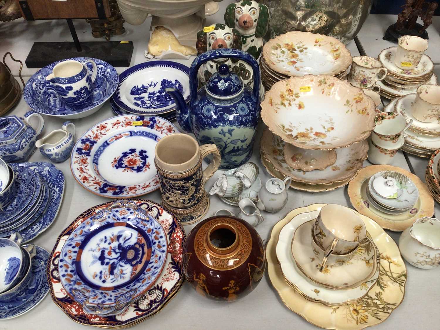 Copeland Spode blue and white tea set, pair of Victorian Staffordshire pottery spaniels, Victorian t