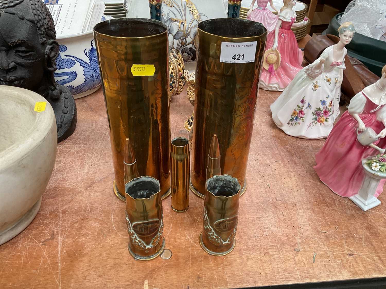 Pair of First World War brass trench art vases with Japanese style decoration, together with other b