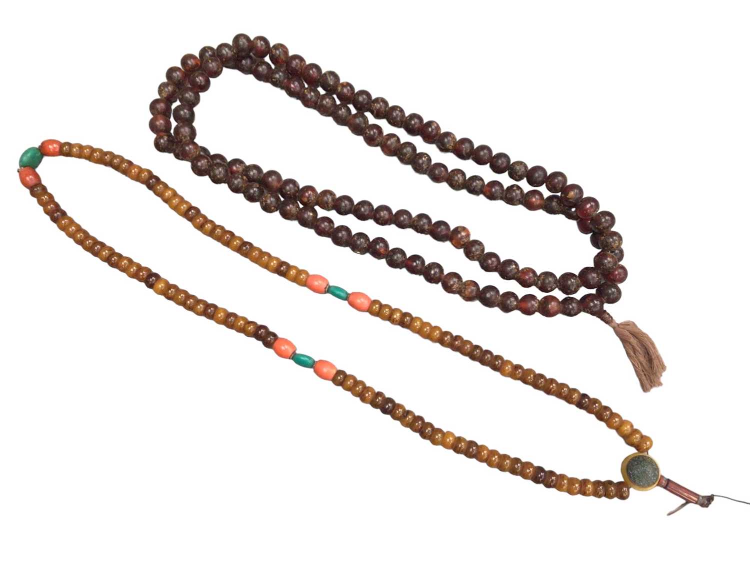 Two large Tibetan simulated and reconstituted amber prayer bead necklaces