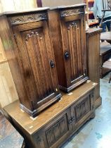 Pair Old Charm oak narrow cabinets and similar television stand (3)
