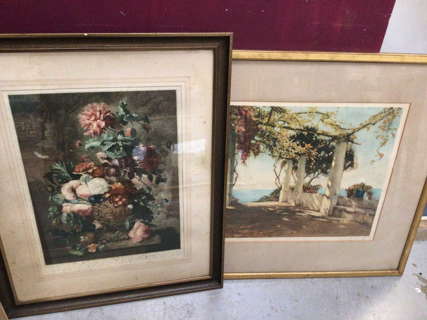 Group of antique and later prints, watercolour study and a gilt framed wall mirror
