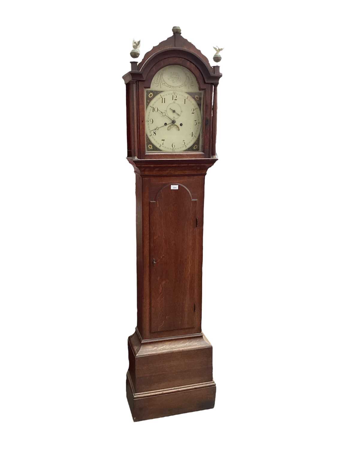 Georgian oak cased longcase, the painted arched dial signed R. Cole, Ipswich