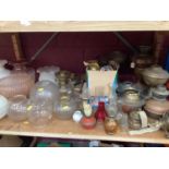 Collection of oil lamp parts, shades, burners etc