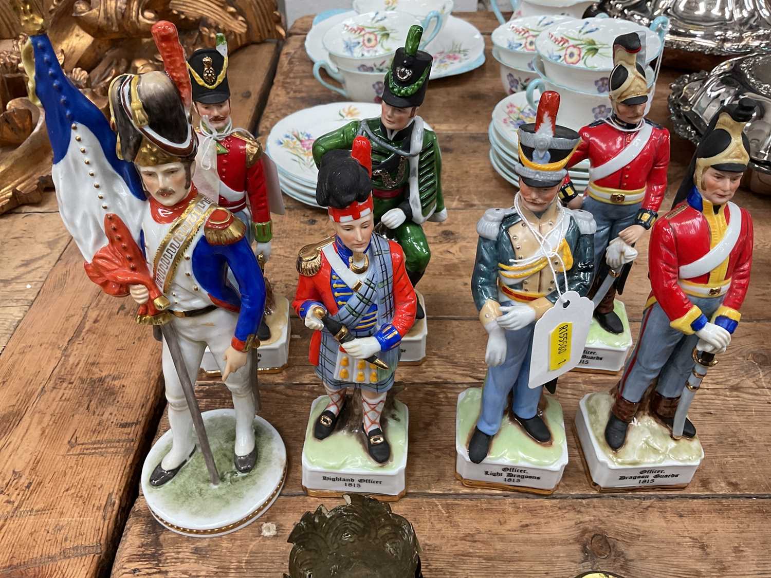 Group of seven porcelain military figures together with a Middle Eastern mother of pearl pill box an - Image 2 of 3