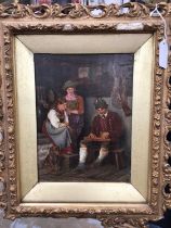 Overpainted print on panel, figures in an interior in gilt frame