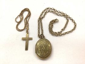 9ct gold belcher link chain with a gilt metal locket and a 9ct gold cross pendant on 9ct gold chain