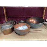 Two copper kettles, warming pan and other metalwork