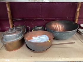 Two copper kettles, warming pan and other metalwork
