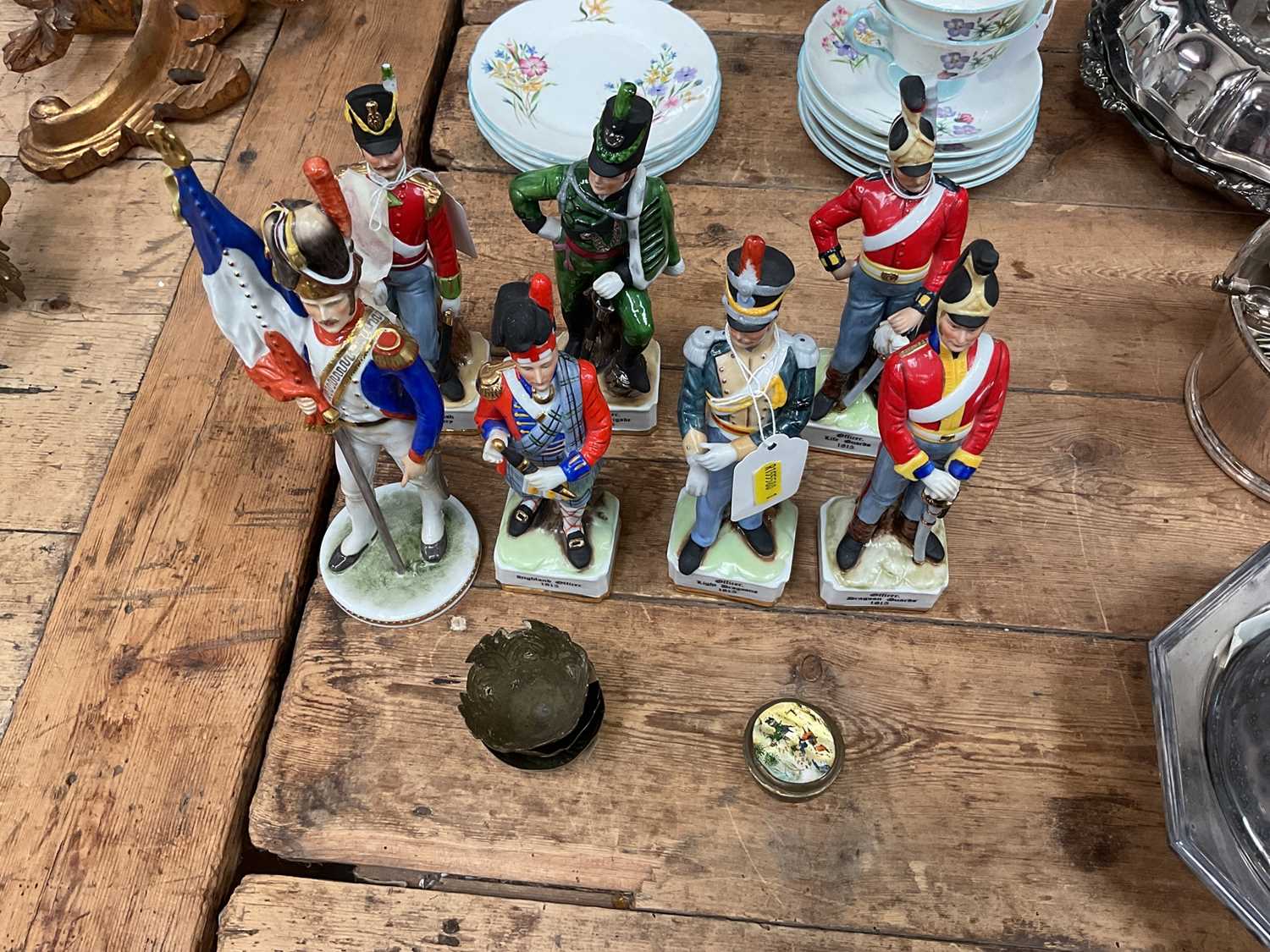 Group of seven porcelain military figures together with a Middle Eastern mother of pearl pill box an