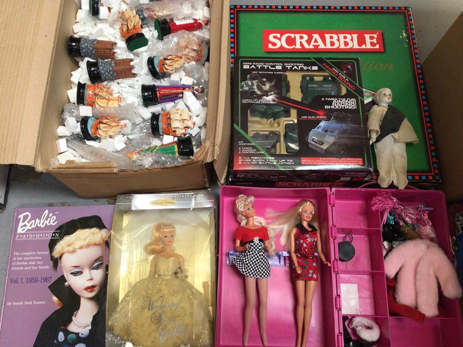 Novelty chess set, other games, vintage and later Barbies with accessories, small snooker table, ten