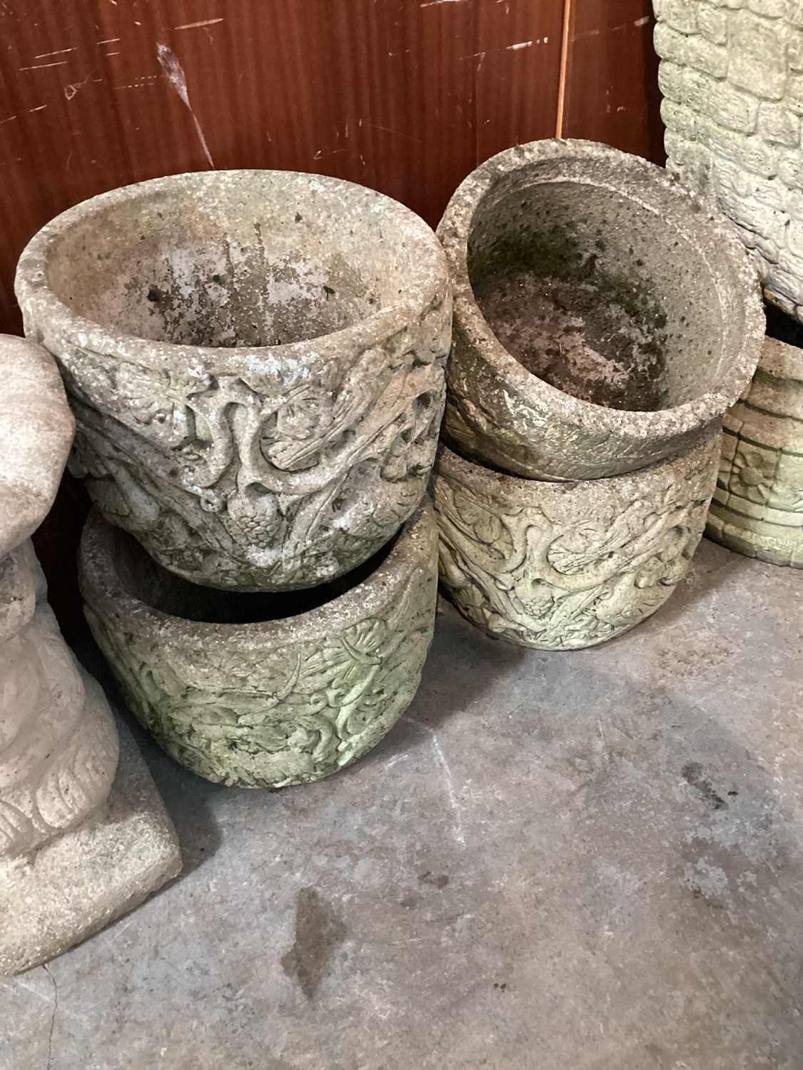 Six various concrete garden planters, together with a bird bath and two bench ends - Image 2 of 4