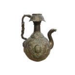 Antique Indian brass ewer with relief cast decoration