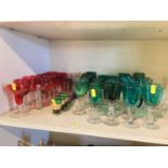 Collection of glassware including ruby, green, paperweights etc