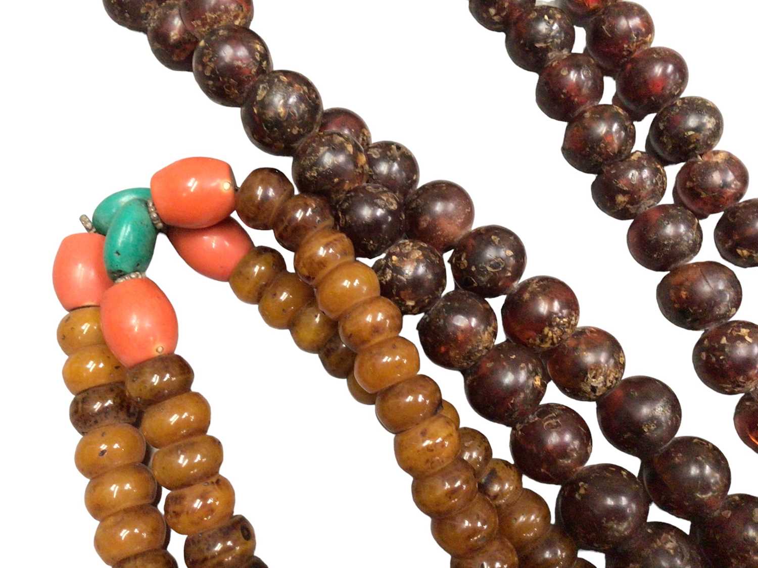 Two large Tibetan simulated and reconstituted amber prayer bead necklaces - Image 2 of 4