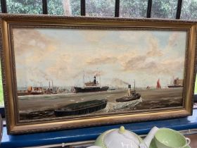 John Pete, oil on canvas - 'Outward Bound 1932, S.S. Corchester Collier passing Northfleet cement wo