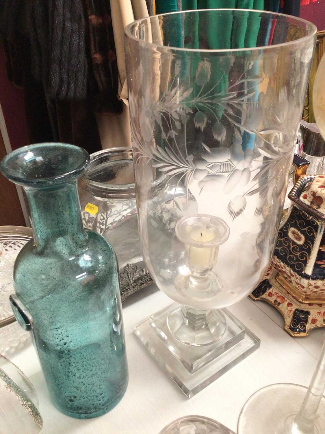 Etched glass storm lantern, other glass candlesticks and holders, blue glass bottle, frosted glass h - Image 2 of 4