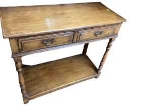 17th century style oak hall table with two drawers on turned and block legs with undertier, 91cm wid