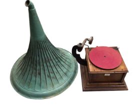 Vintage wooden gramophone and horn