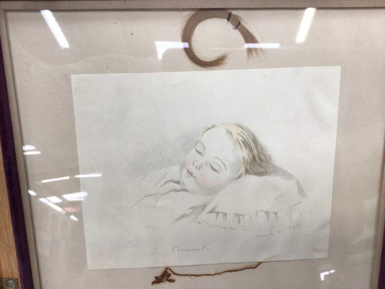 Victorian memorial pencil sketch of a young girl 'Clement' dated March 6 1844 in a glazed oak case, - Image 3 of 3