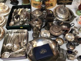 Victorian silver plated entre dishes, plated cutlery and sundry plate