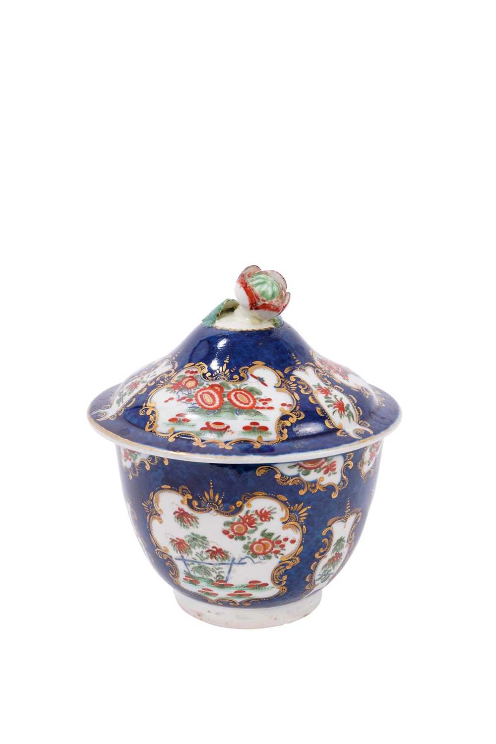 A Worcester blue scale sucrier and cover, decorated in Kakiemon style, circa 1770