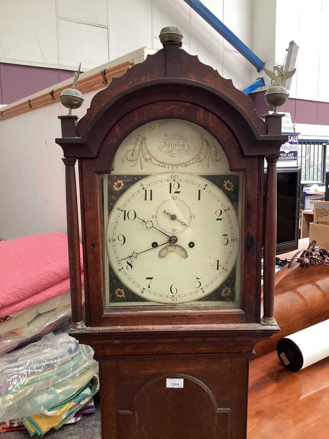 Georgian oak cased longcase, the painted arched dial signed R. Cole, Ipswich - Image 2 of 5