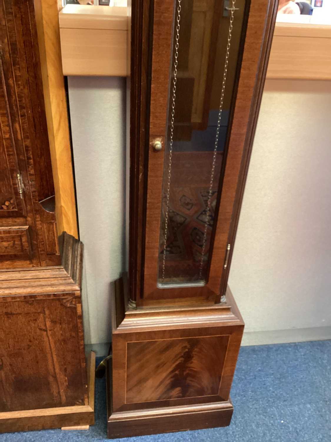 Reproduction mahogany longcase clock with pendulum and two brass weights - Image 2 of 2