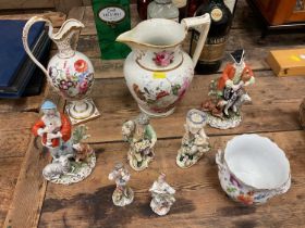 Group of ceramics, incliding a 19th century English flower-painted jug and ewer, a pair of Derby fig