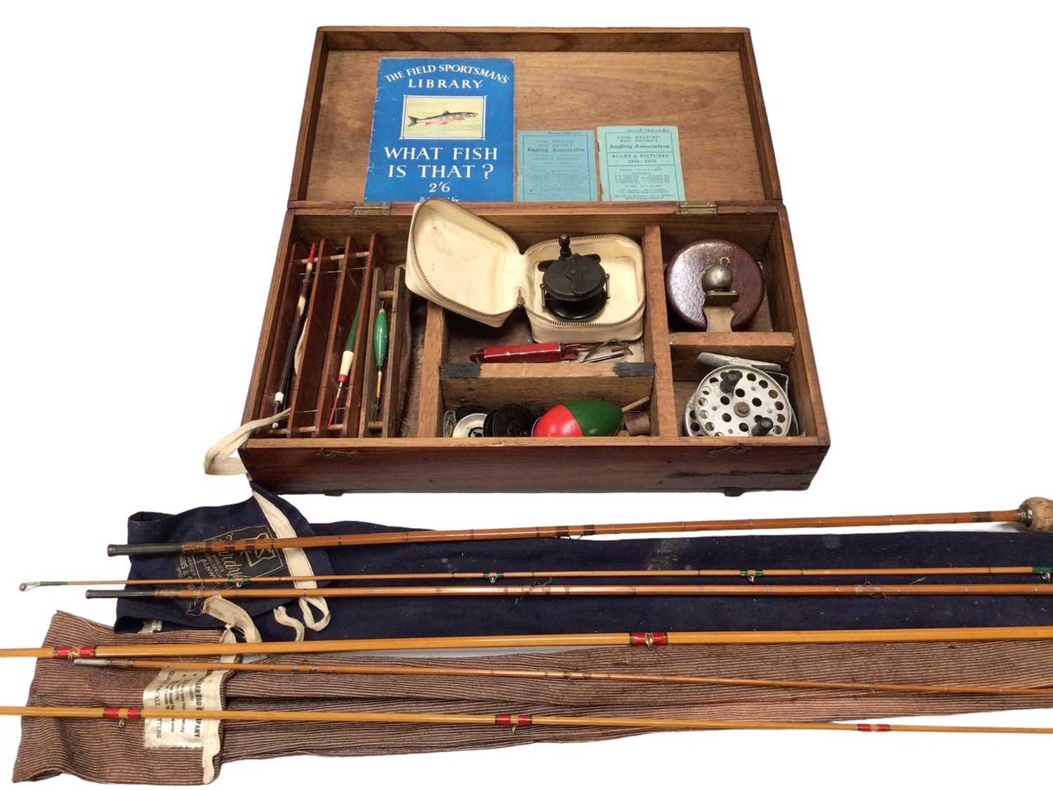 Wooden case containing fishing reels, tackle etc and two vintage rods
