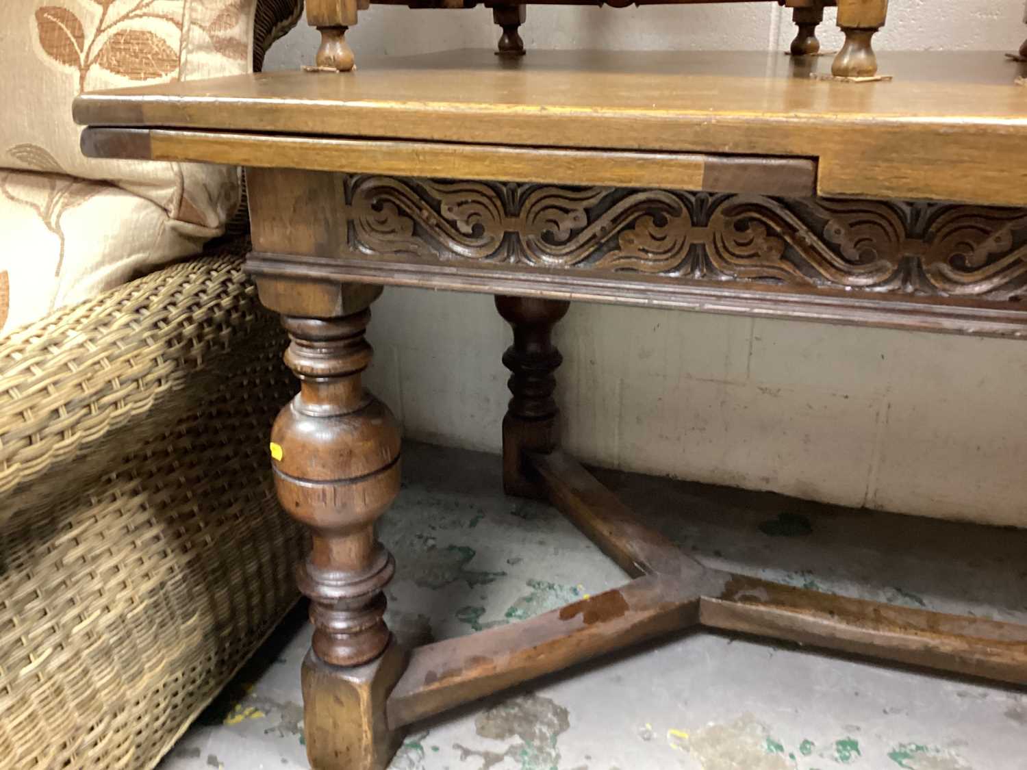 1920's/30's oak extending refectory table on turned and block legs joined by stretchers, 197.5cm x 9 - Image 2 of 3