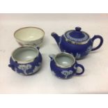Wedgwood blue jasper dip small teapot and cover, milk jug and sugar bowl, with silver mounted rims,