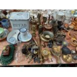 Vintage enamel bread bin, brassware to include candlesticks and various other metalware including a