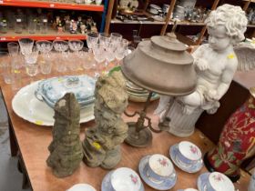 Group of sundries to include concrete garden gnomes and cherub figure.
