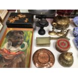 African oil painting of a tribal woman, old brass oil lamp with cranberry glass shade, Victorian kit