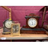 Henry Marc of Paris burr wood mantel clock with enamel dial, together with a silver plated clock and