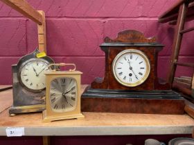 Henry Marc of Paris burr wood mantel clock with enamel dial, together with a silver plated clock and