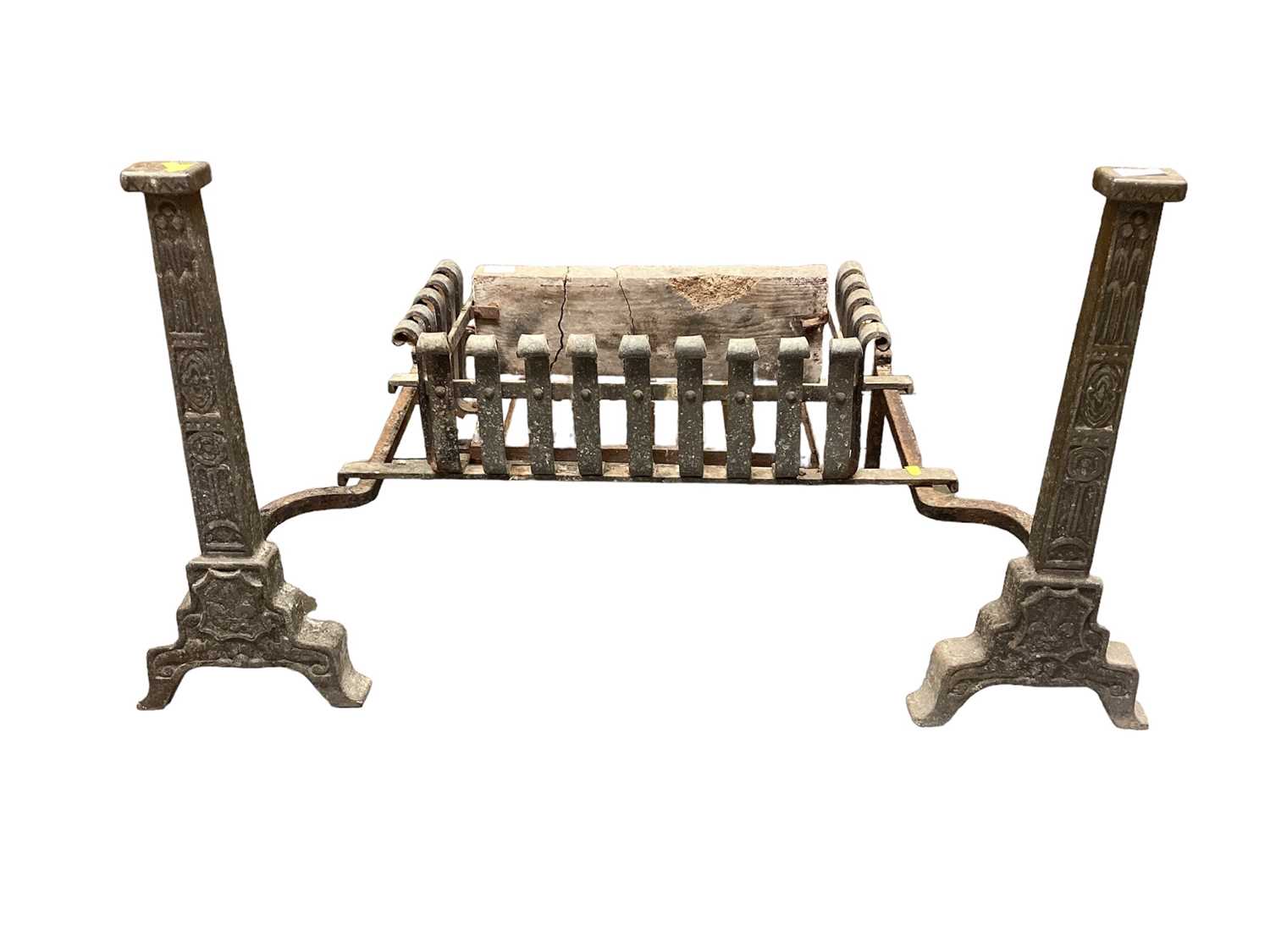 Two pairs of fire dogs of large size with grates in antique manner