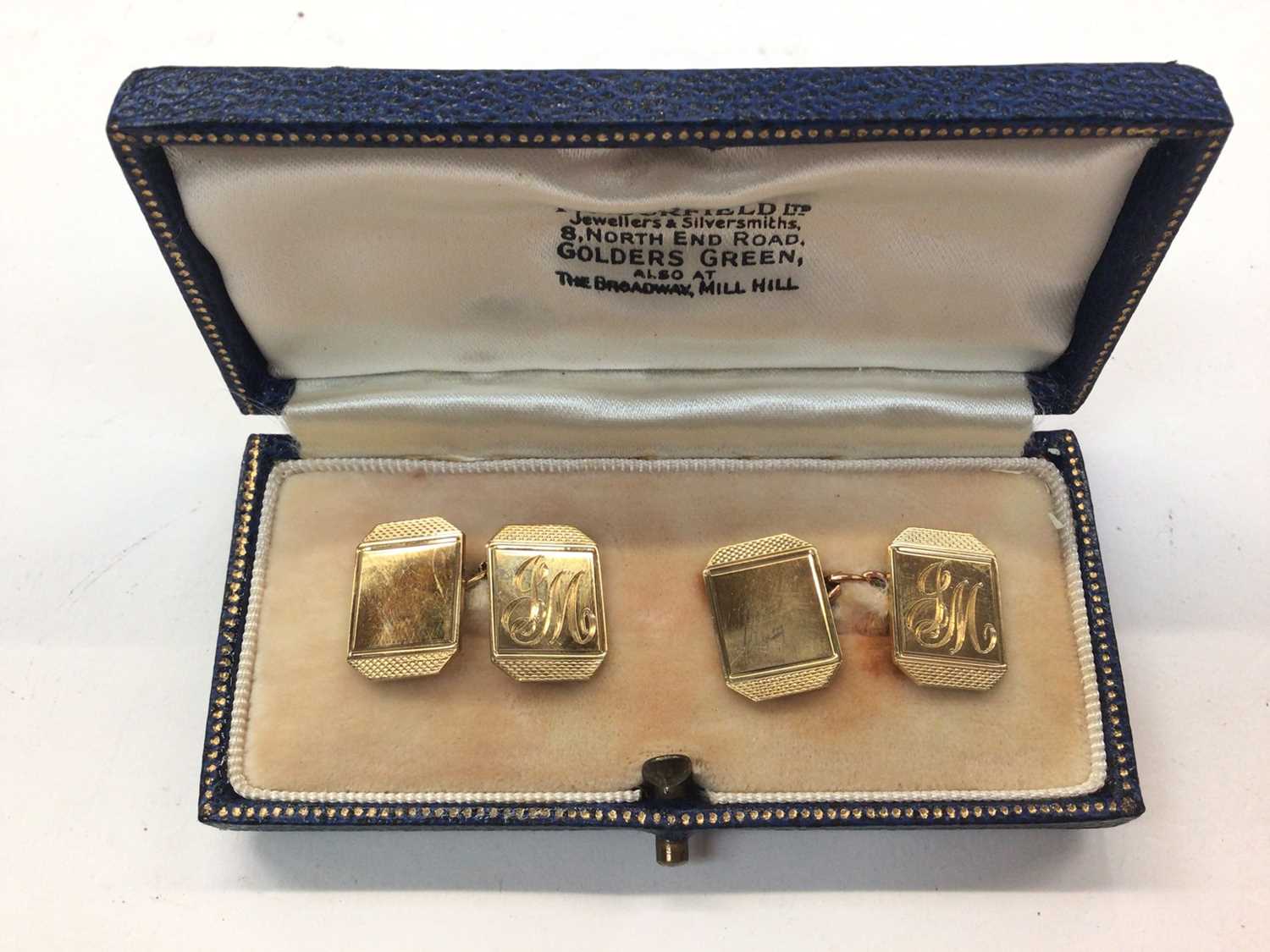 Pair of 9ct gold cufflinks with engraved initials (Birmingham 1956) in fitted case