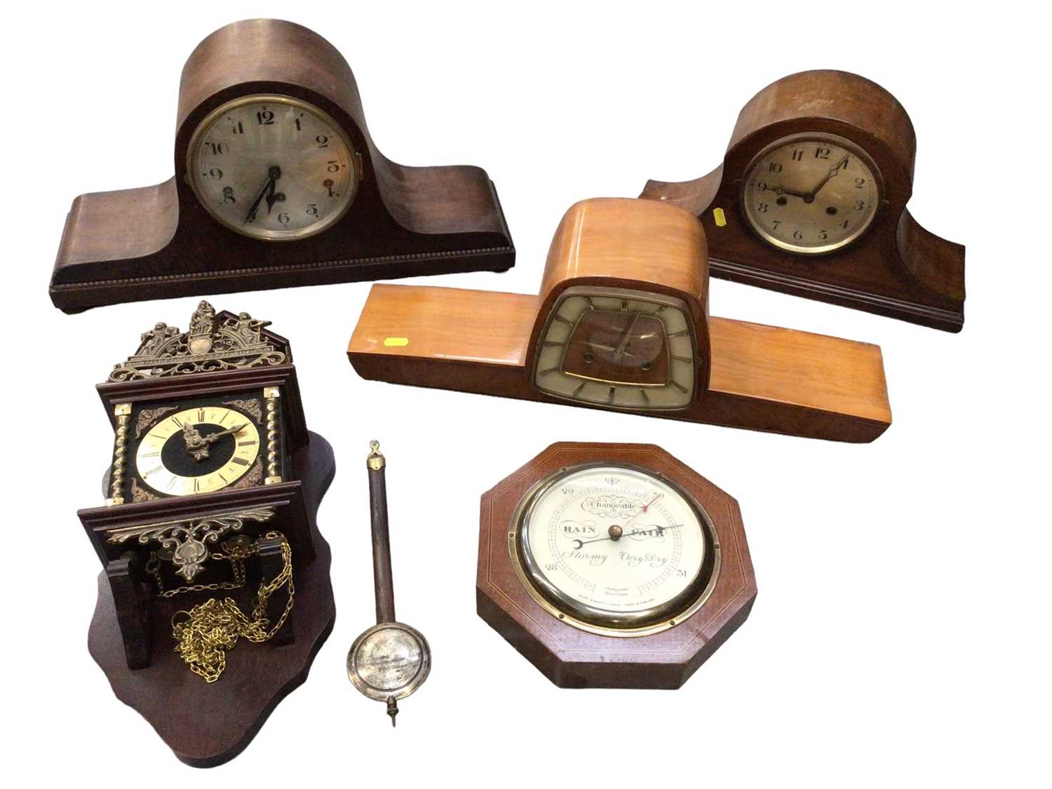 Three 1930s mantle clocks, a wall clock and a Short & Mason London wall barometer (5)