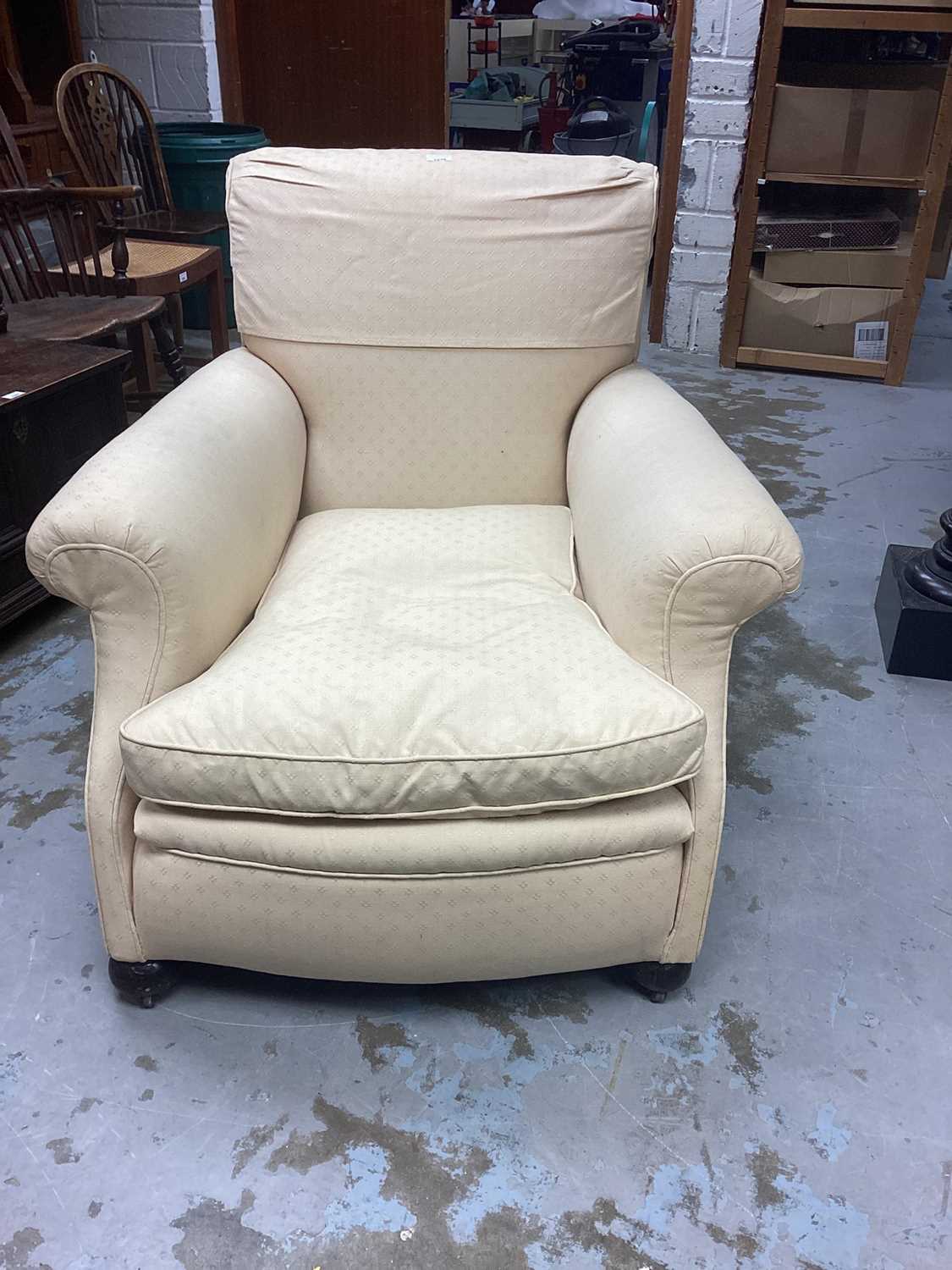 Edwardian deep upholstered easy chair with cream upholstery on bun feet - Image 2 of 3