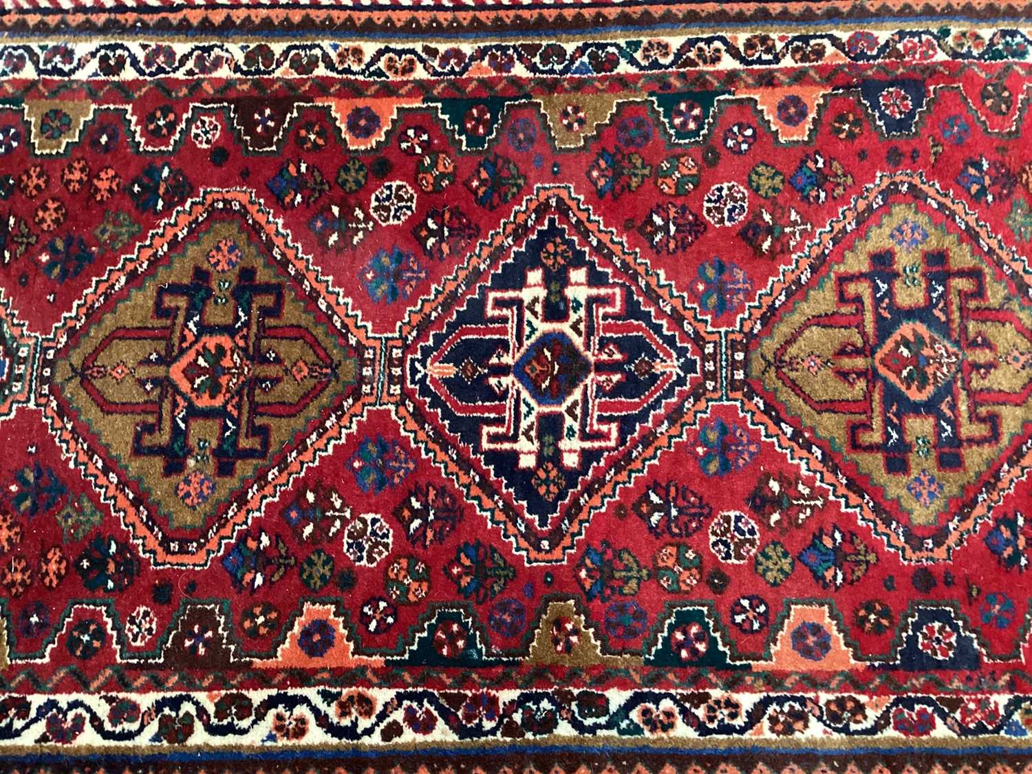 Persian runner with five central medallions on red, blue and cream ground - Image 3 of 5