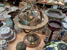 Brass table top globe armillary sphere on wooden base