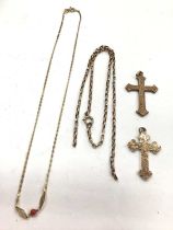 Two 9ct gold cross pendants, 9ct gold broken chain and 9ct gold chain with a coral bead