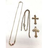 Two 9ct gold cross pendants, 9ct gold broken chain and 9ct gold chain with a coral bead