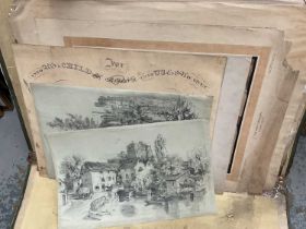 Two large green folders of drawings, engravings, prints, including 19th century